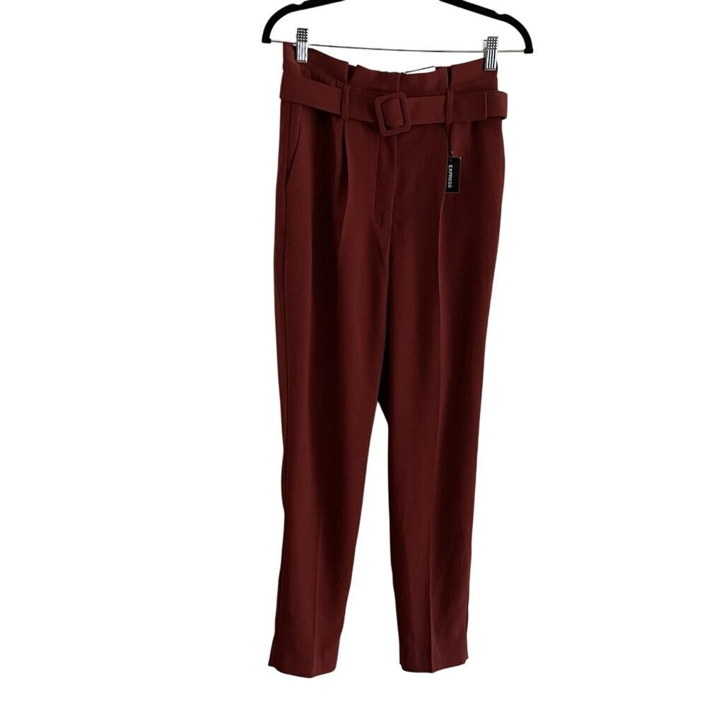 Express Women 4R Rust Red Pleated Belted Super High Rise Paperbag Ankle Pant NWT